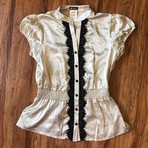 Champagne Blouse with Black Lace Detail